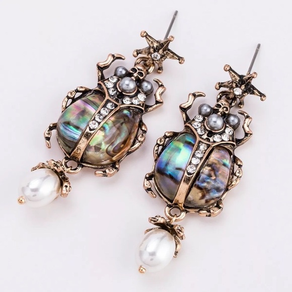 Abalone Pearl Beetle Dangle Earrings - Picture 2 of 8